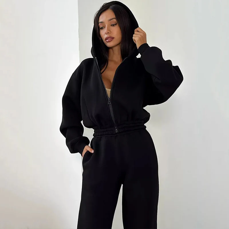 Damen Cropped‑Zip‑Hoodie mit Ballonärmeln und hochgeschnittener Jogginghose mit gerafftem Taillenbund Drune
