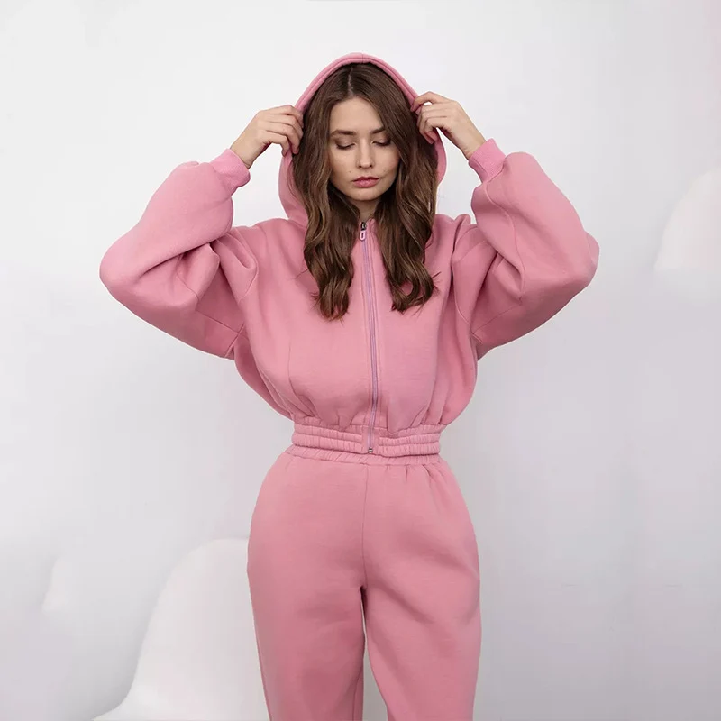 Damen Cropped‑Zip‑Hoodie mit Ballonärmeln und hochgeschnittener Jogginghose mit gerafftem Taillenbund Drune