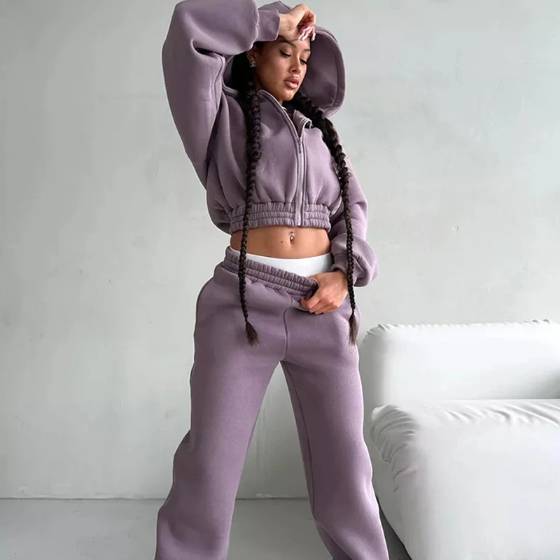 Damen Cropped‑Zip‑Hoodie mit Ballonärmeln und hochgeschnittener Jogginghose mit gerafftem Taillenbund Drune
