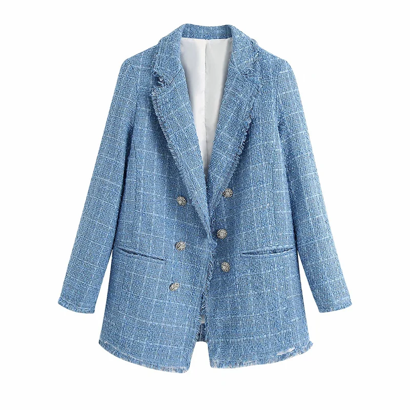 Damen Doppelreihiger Bouclé-Tweed-Blazer mit Fransenbesatz Drune