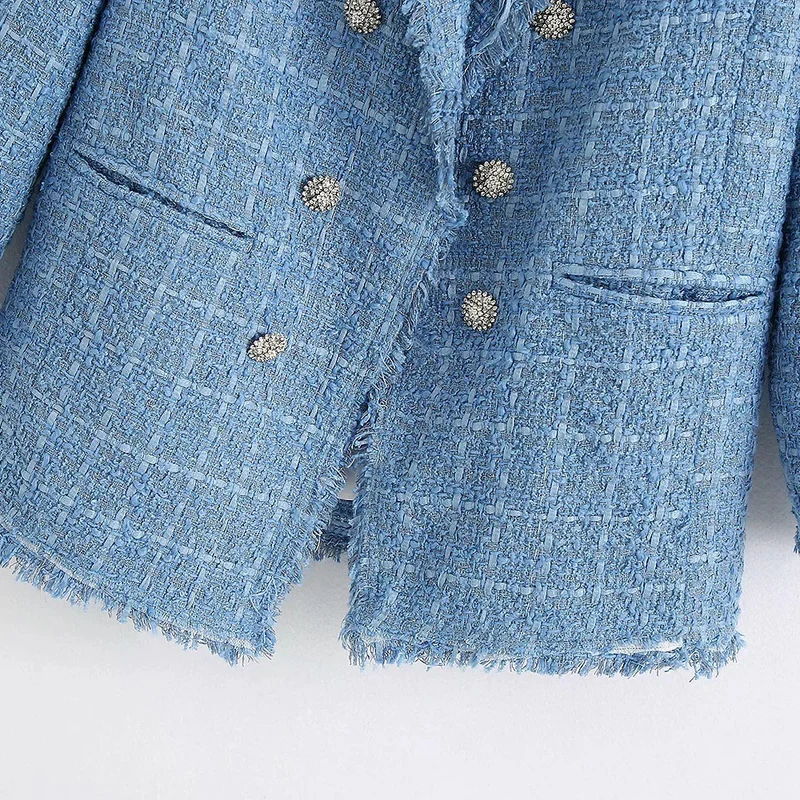 Damen Doppelreihiger Bouclé-Tweed-Blazer mit Fransenbesatz Drune