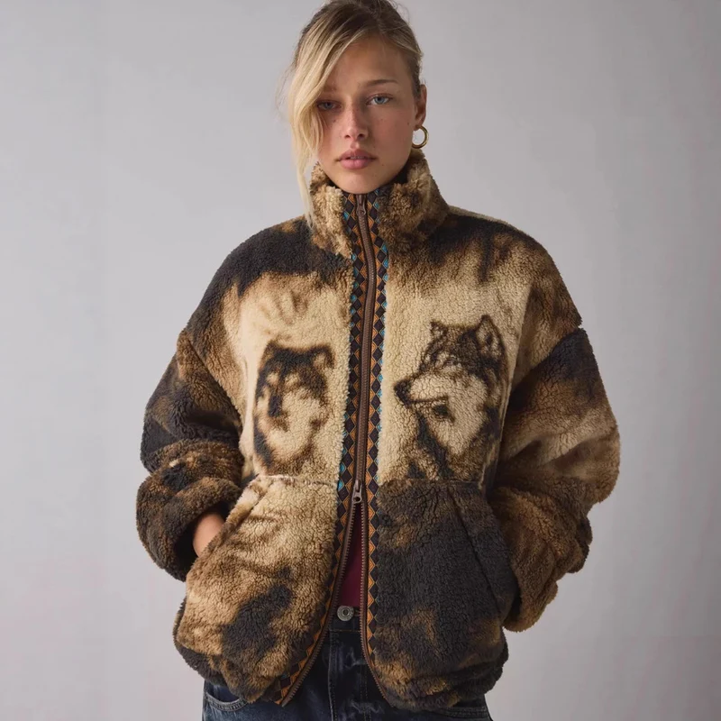 Damen Fleecejacke mit Tiermotiv und hohem Kragen Drune