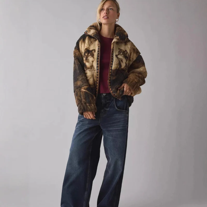 Damen Fleecejacke mit Tiermotiv und hohem Kragen Drune