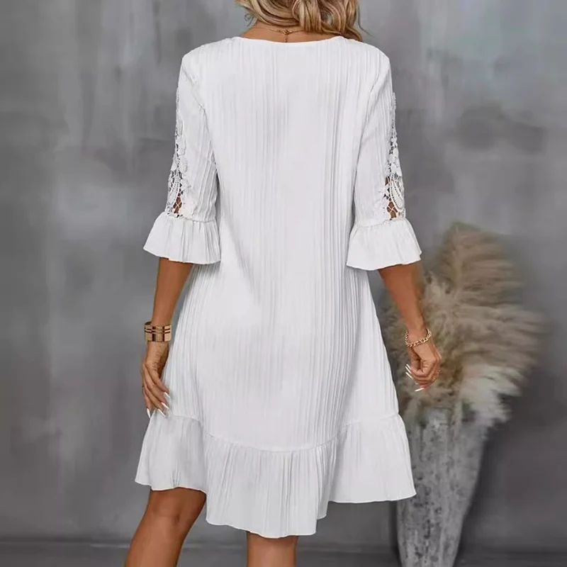 Damen Kurzarm Kleid mit voluminösem Saum und Spitzenärmeln Drune