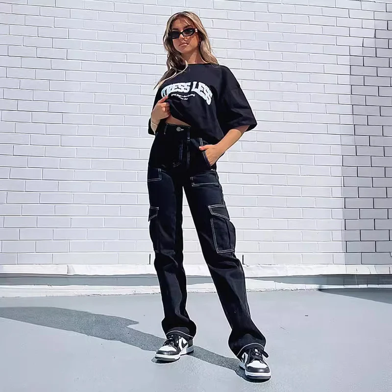 Damen lässige Cargo-Jeans mit tiefen Taschen und weitem Bein Drune