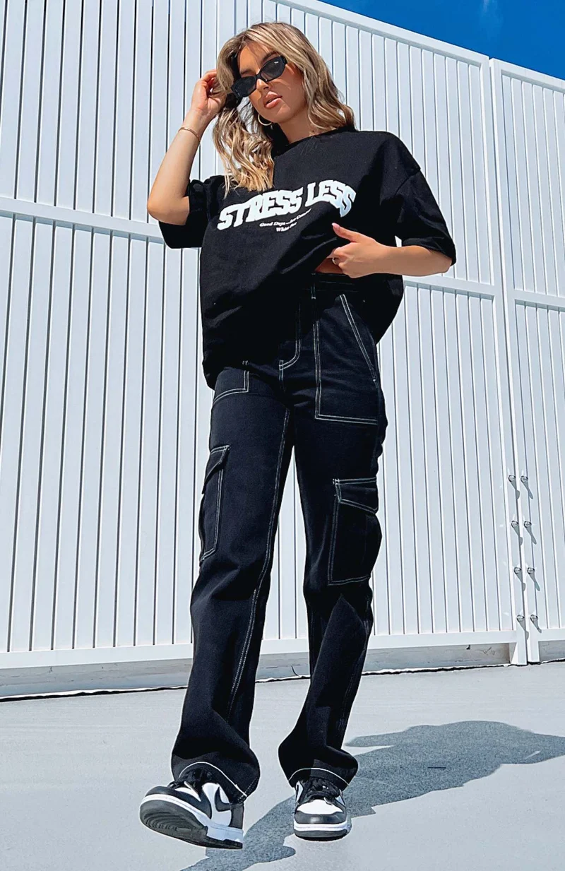 Damen lässige Cargo-Jeans mit tiefen Taschen und weitem Bein Drune
