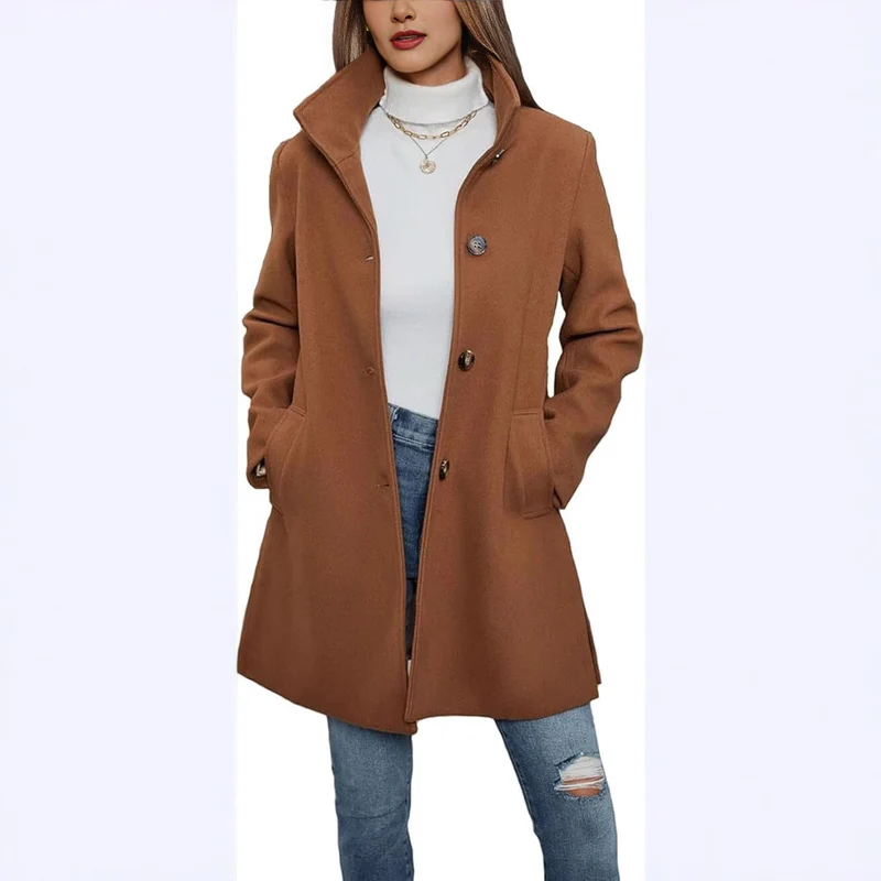 Damen Eleganter Wollmantel mit Hochgeschlossenem Kragen und Praktischen Taschen Drune