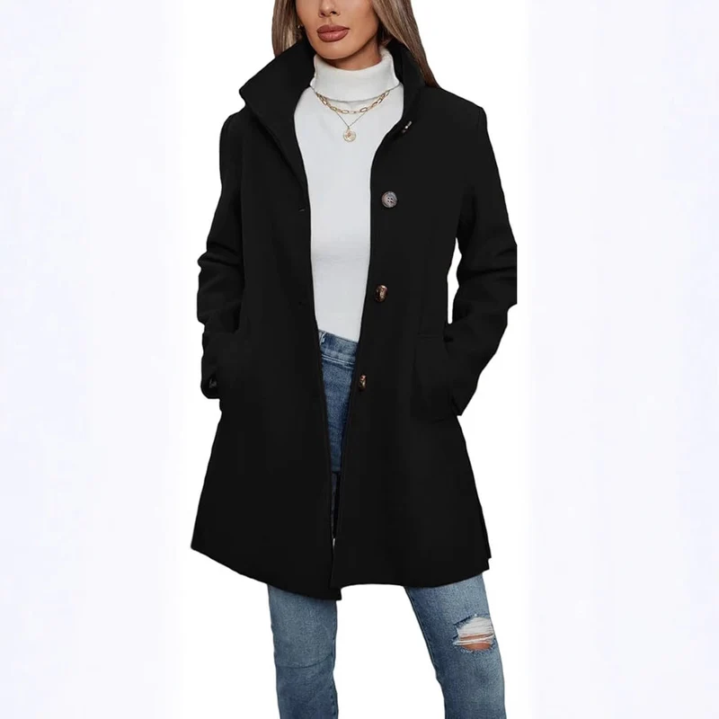 Damen Eleganter Wollmantel mit Hochgeschlossenem Kragen und Praktischen Taschen Drune