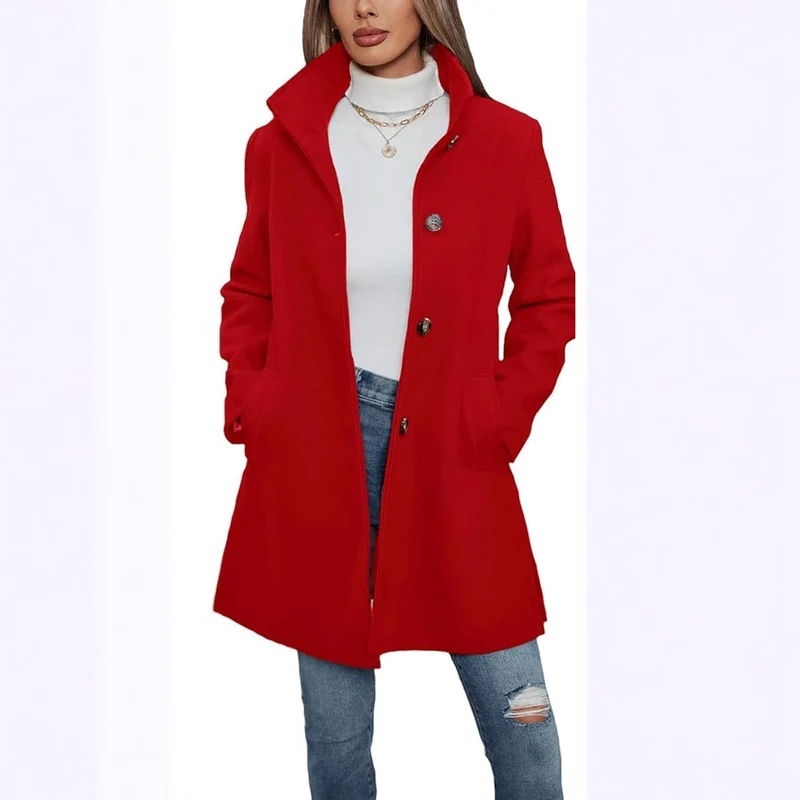 Damen Eleganter Wollmantel mit Hochgeschlossenem Kragen und Praktischen Taschen Drune