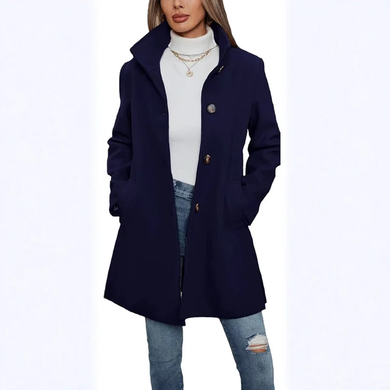 Damen Eleganter Wollmantel mit Hochgeschlossenem Kragen und Praktischen Taschen Drune