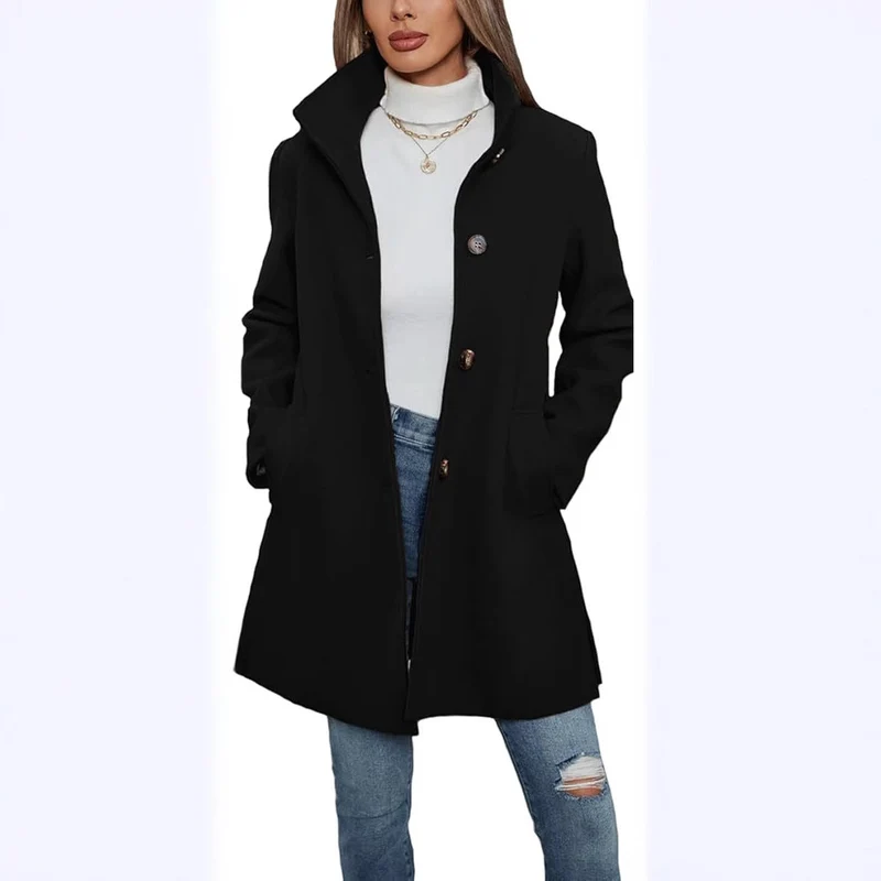 Damen Eleganter Wollmantel mit Hochgeschlossenem Kragen und Praktischen Taschen Drune