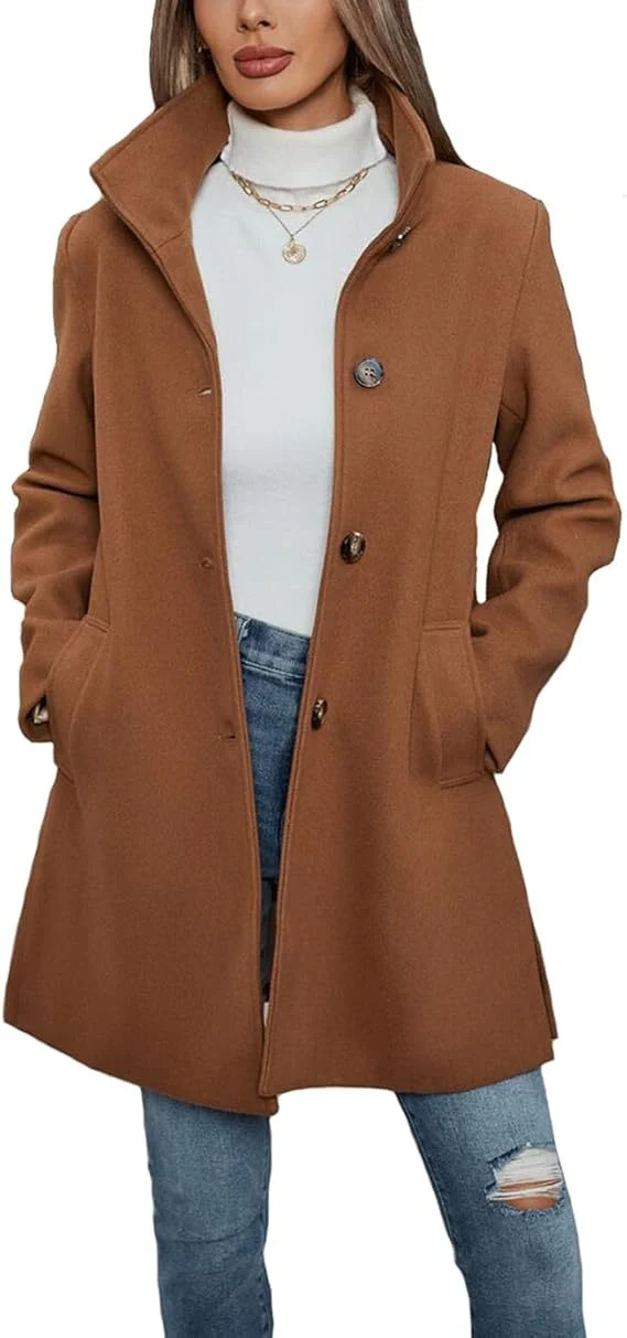 Damen Eleganter Wollmantel mit Hochgeschlossenem Kragen und Praktischen Taschen Drune