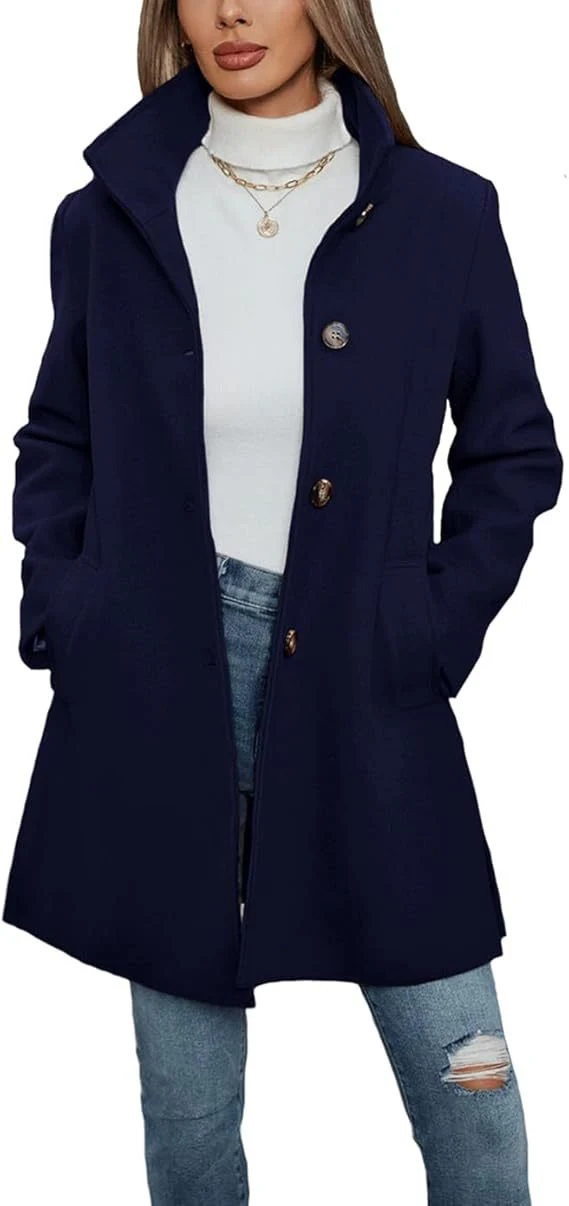 Damen Eleganter Wollmantel mit Hochgeschlossenem Kragen und Praktischen Taschen Drune