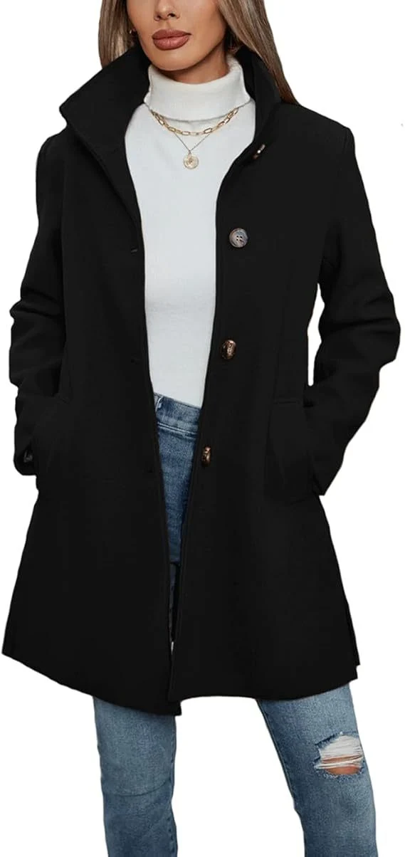 Damen Eleganter Wollmantel mit Hochgeschlossenem Kragen und Praktischen Taschen Drune
