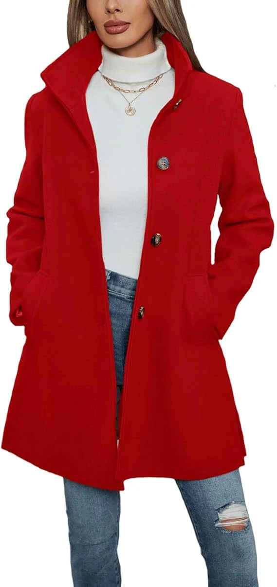 Damen Eleganter Wollmantel mit Hochgeschlossenem Kragen und Praktischen Taschen Drune