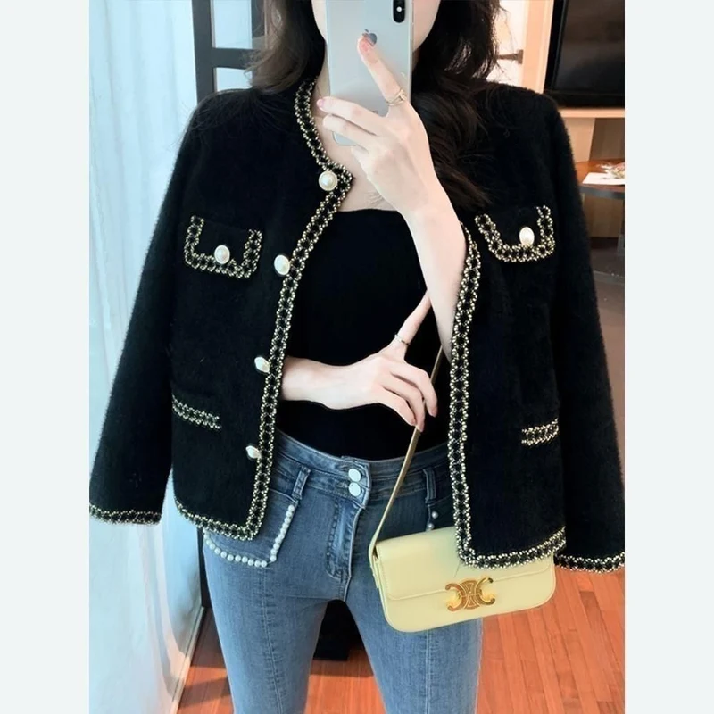 Damen elegante Bouclé-Jacke mit Perlenbesatz Drune