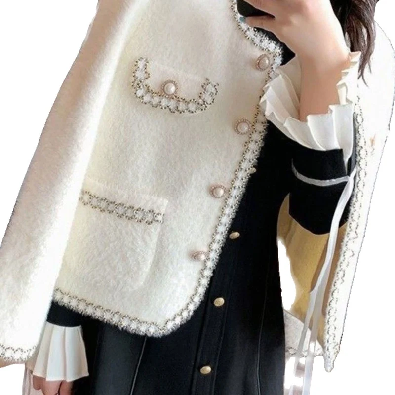 Damen elegante Bouclé-Jacke mit Perlenbesatz Drune