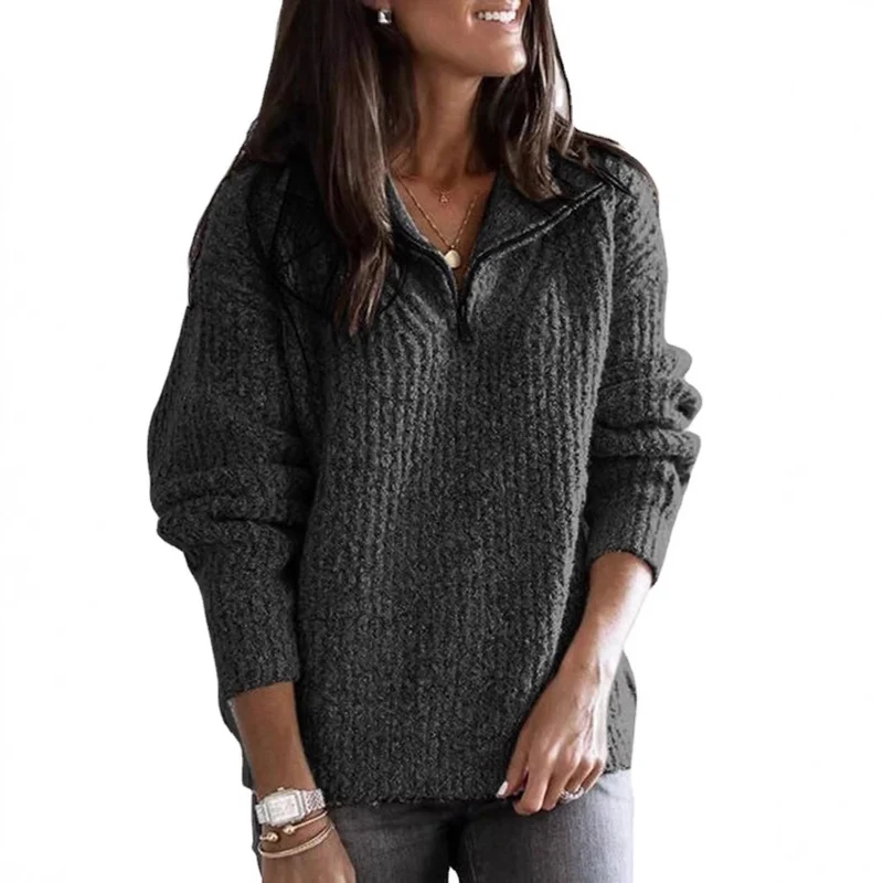 Damen nan grober Strickpullover mit halbem Reißverschluss, Stehkragen und relaxed Fit Drune