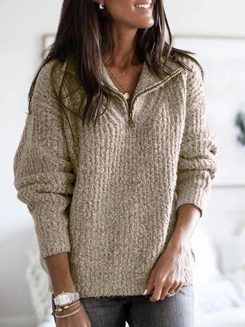Damen nan grober Strickpullover mit halbem Reißverschluss, Stehkragen und relaxed Fit Drune