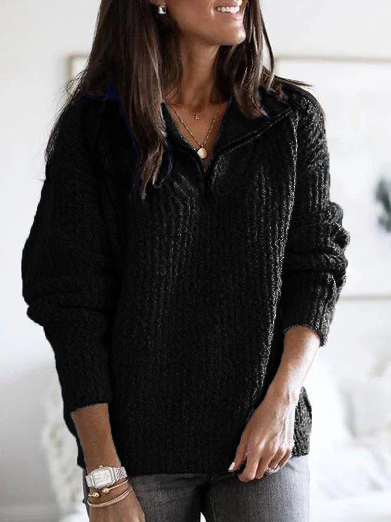 Damen nan grober Strickpullover mit halbem Reißverschluss, Stehkragen und relaxed Fit Drune