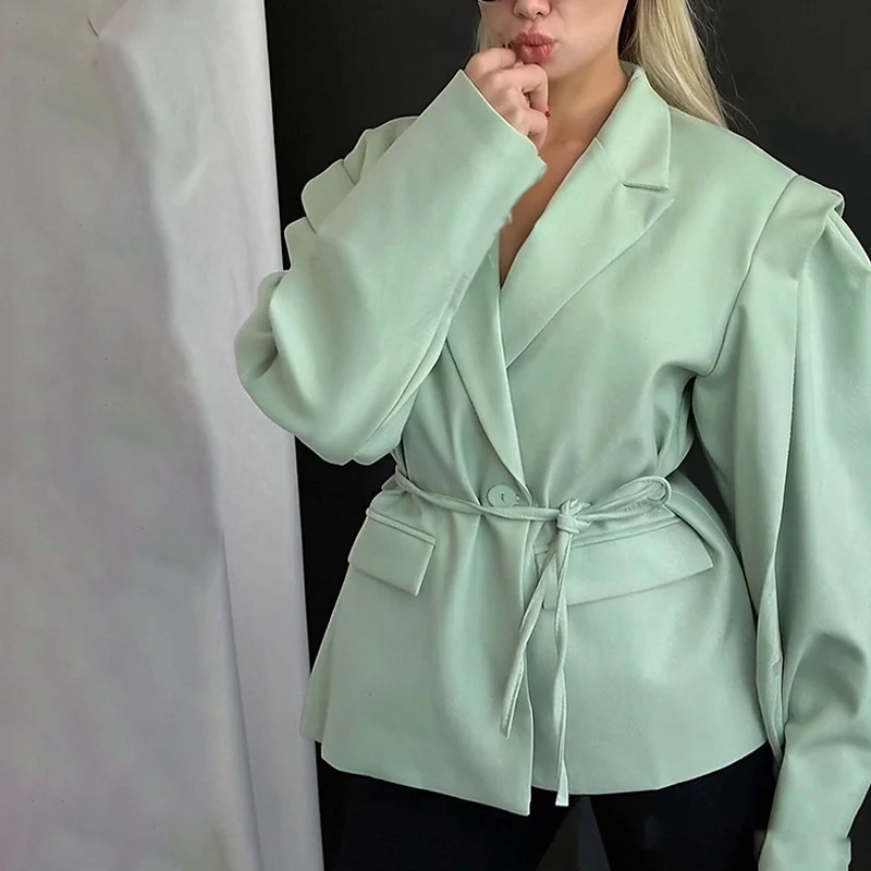 Damen Oversized Blazer mit Taillengürtel und eleganten Puffärmeln Drune