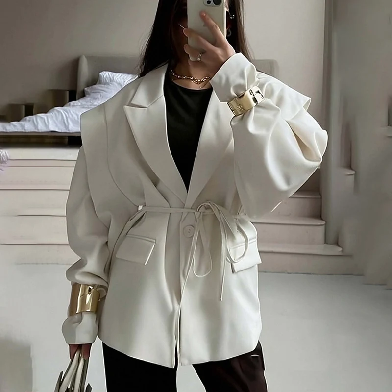 Damen Oversized Blazer mit Taillengürtel und eleganten Puffärmeln Drune