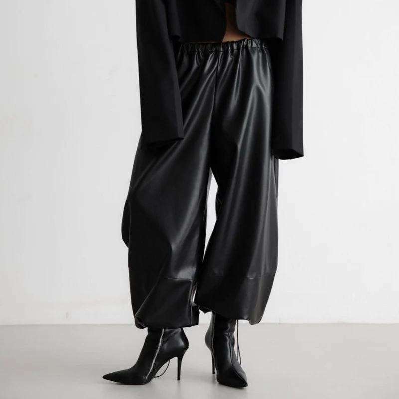 Damen Modische Kunstlederhose mit elastischem Bund Drune