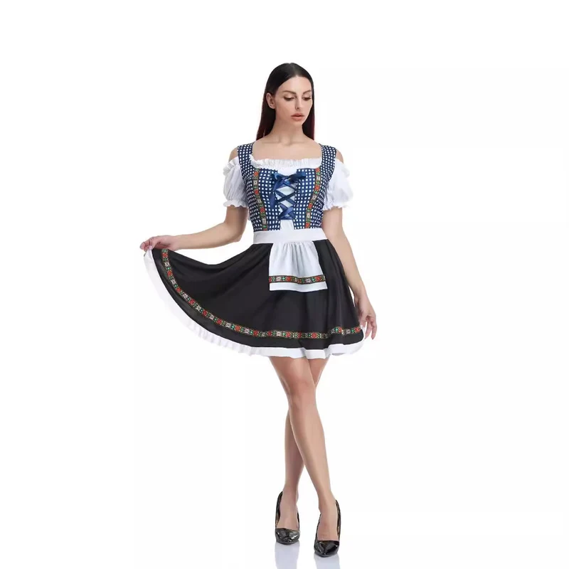 Damen traditionelles bayerisches Dirndl mit geschnürtem Mieder, kurzer Rocklänge und Schürze Drune