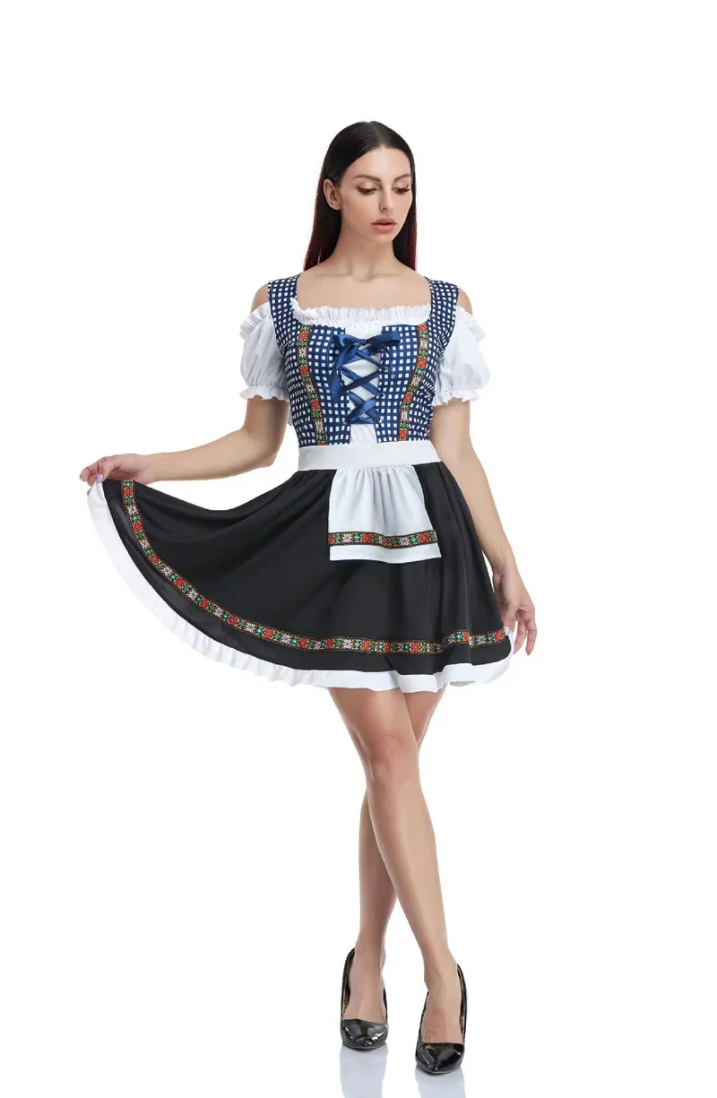 Damen traditionelles bayerisches Dirndl mit geschnürtem Mieder, kurzer Rocklänge und Schürze Drune