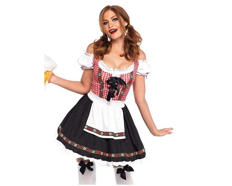 Damen traditionelles bayerisches Dirndl mit geschnürtem Mieder, kurzer Rocklänge und Schürze Drune