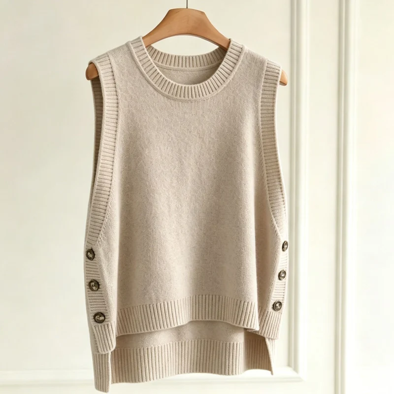 Damen Strickweste mit seitlichen Knopfleisten und Rundhalsausschnitt Drune