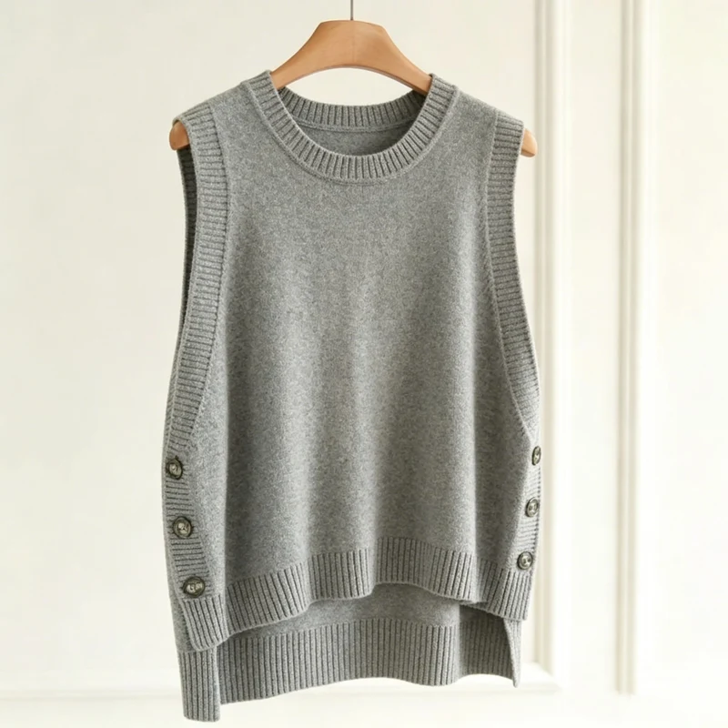 Damen Strickweste mit seitlichen Knopfleisten und Rundhalsausschnitt Drune