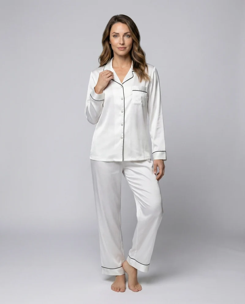 Damen seidiges Satinpyjama-Set mit Kontrastpaspel