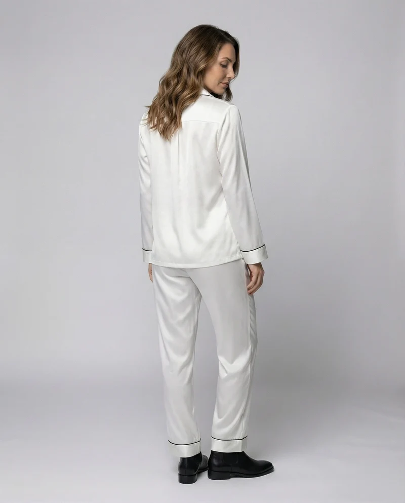 Damen seidiges Satinpyjama-Set mit Kontrastpaspel