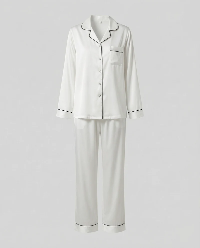Damen seidiges Satinpyjama-Set mit Kontrastpaspel