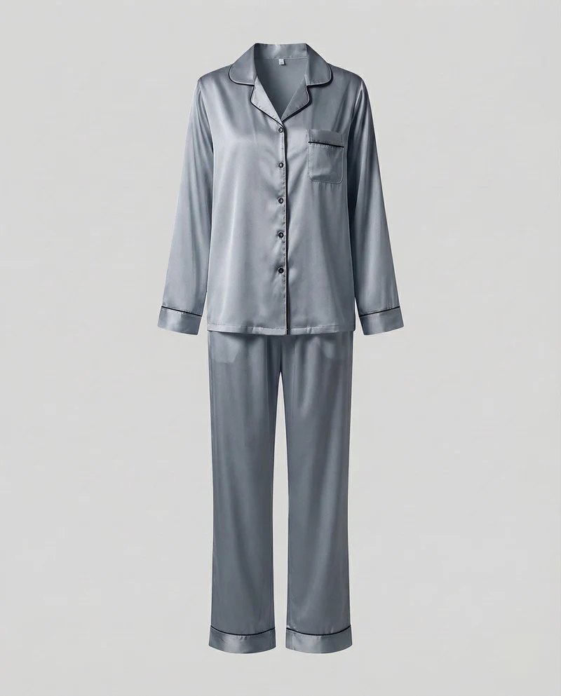 Damen seidiges Satinpyjama-Set mit Kontrastpaspel