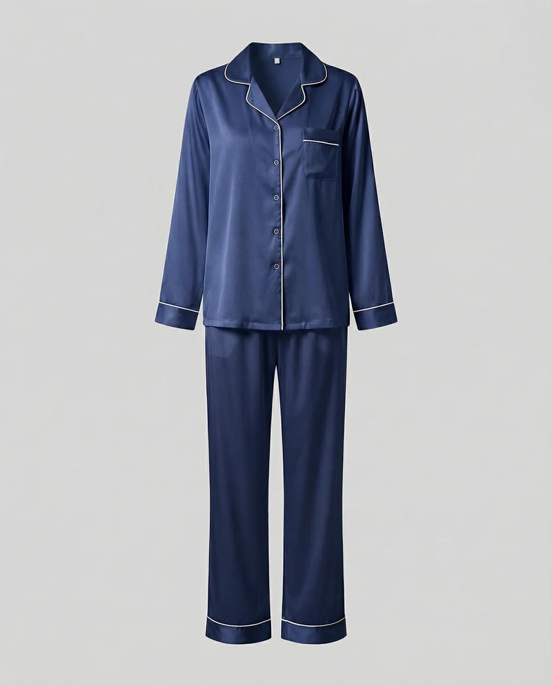 Damen seidiges Satinpyjama-Set mit Kontrastpaspel