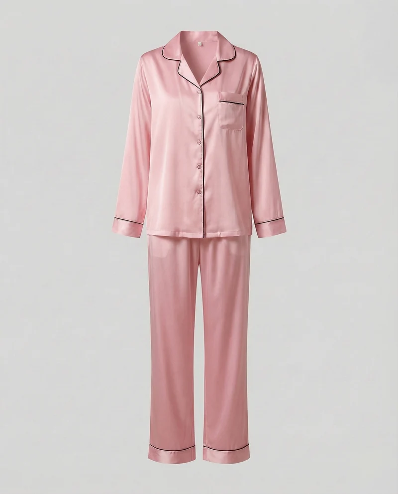 Damen seidiges Satinpyjama-Set mit Kontrastpaspel