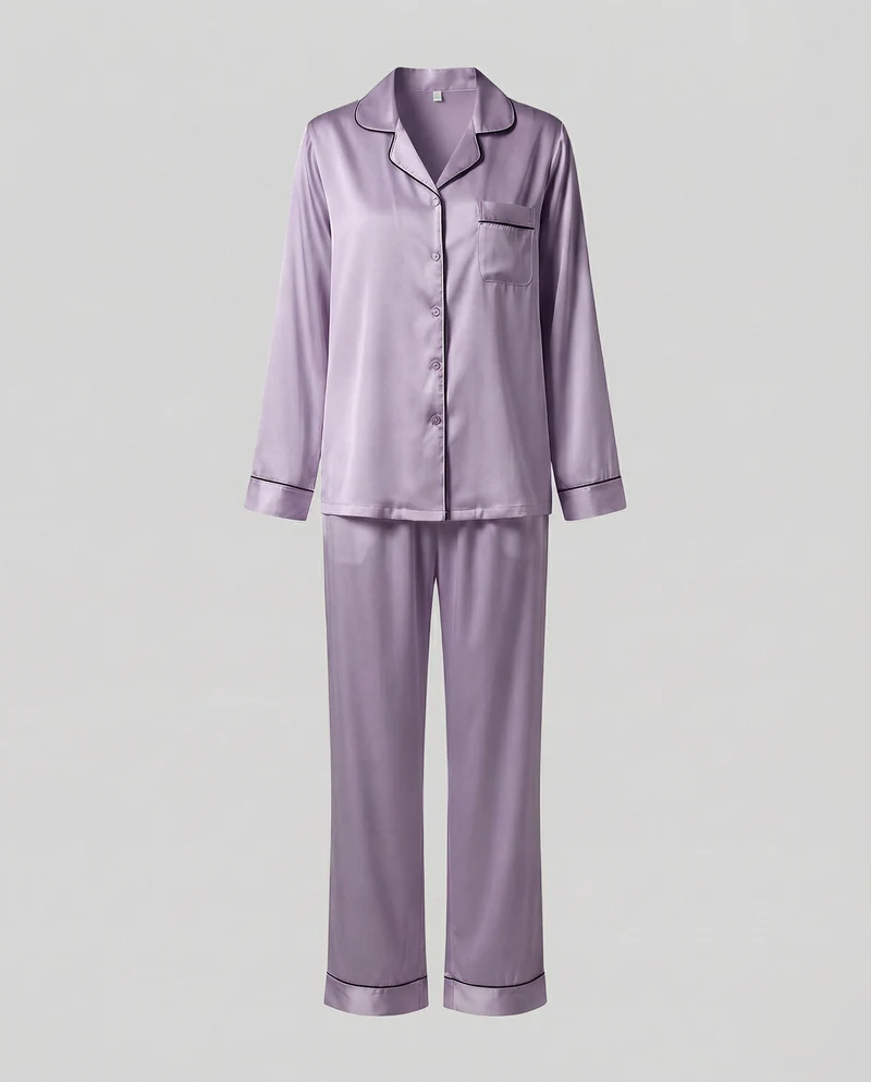 Damen seidiges Satinpyjama-Set mit Kontrastpaspel