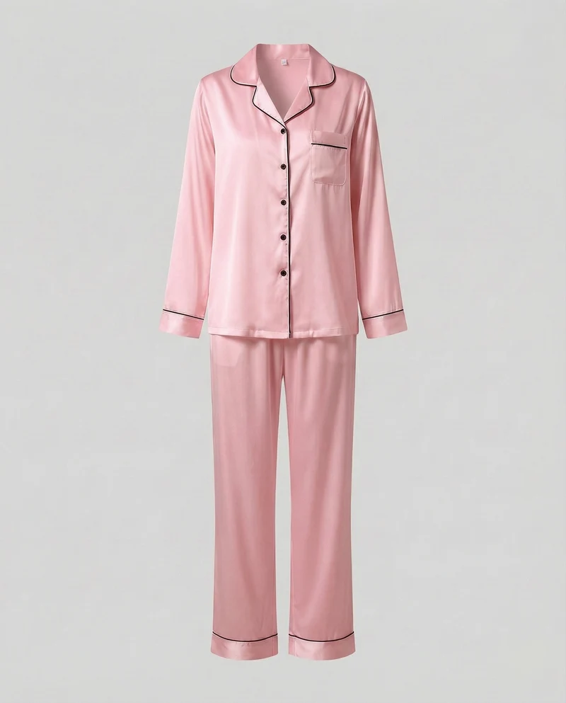Damen seidiges Satinpyjama-Set mit Kontrastpaspel