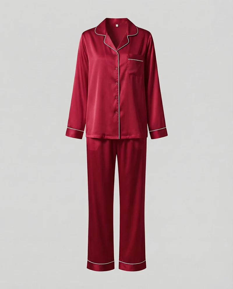 Damen seidiges Satinpyjama-Set mit Kontrastpaspel