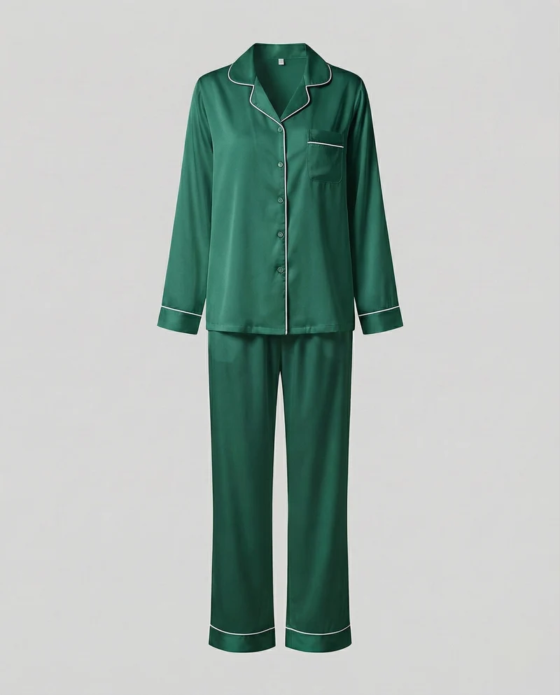Damen seidiges Satinpyjama-Set mit Kontrastpaspel