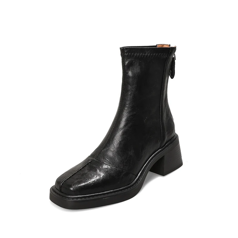Damen knöchelhohe Lederstiefelette mit quadratischer Zehenpartie und rückseitigem Reißverschluss Drune