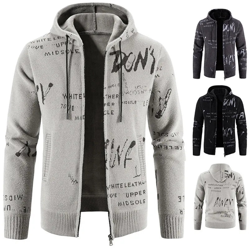 Herren Strick-Kapuzenjacke mit durchgehendem Reißverschluss, grafischem Allover-Print und Eingrifftaschen Drune