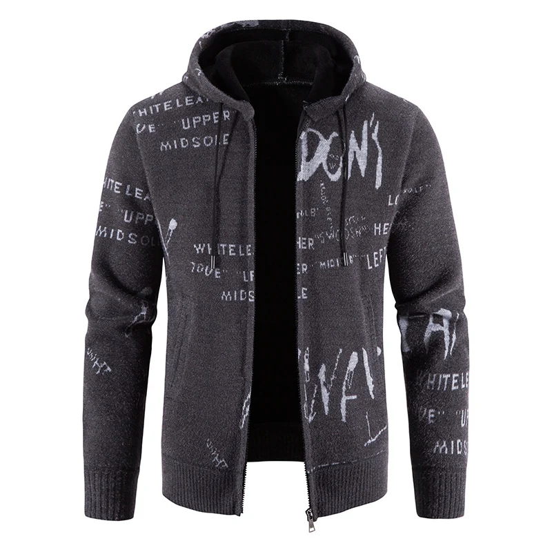 Herren Strick-Kapuzenjacke mit durchgehendem Reißverschluss, grafischem Allover-Print und Eingrifftaschen Drune