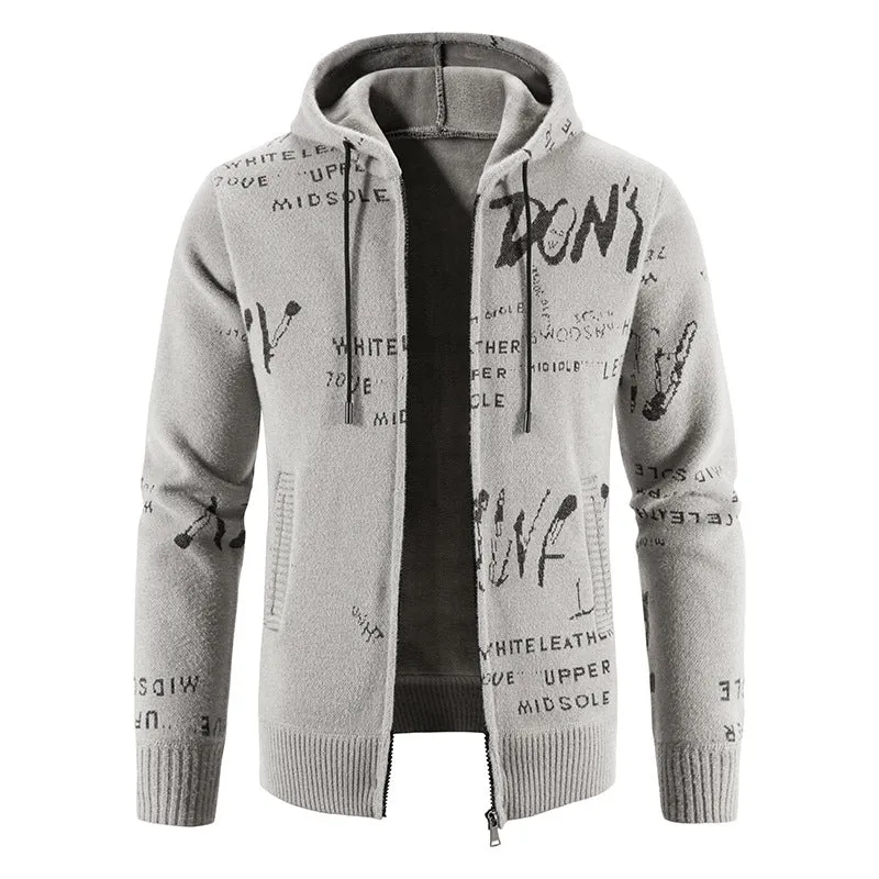Herren Strick-Kapuzenjacke mit durchgehendem Reißverschluss, grafischem Allover-Print und Eingrifftaschen Drune