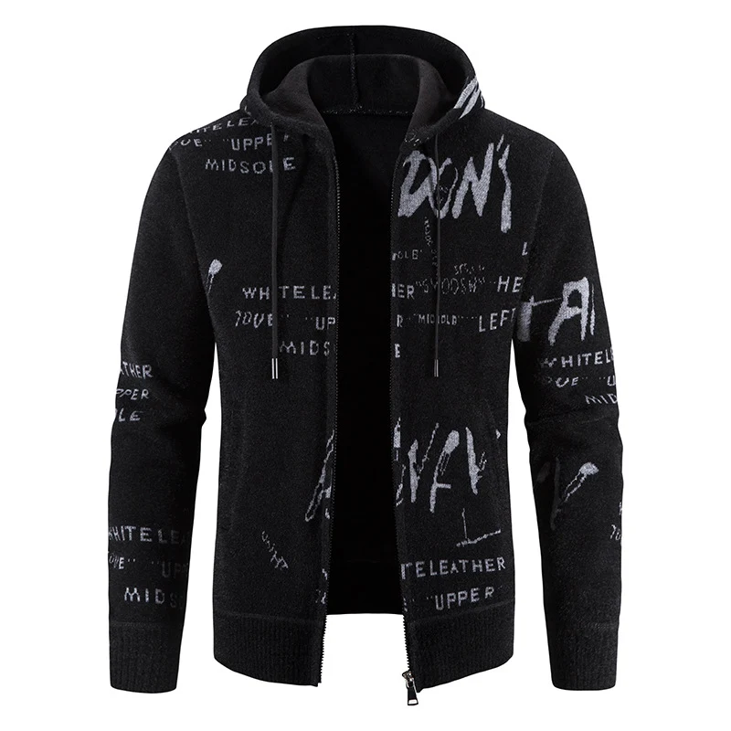 Herren Strick-Kapuzenjacke mit durchgehendem Reißverschluss, grafischem Allover-Print und Eingrifftaschen Drune