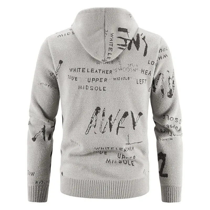 Herren Strick-Kapuzenjacke mit durchgehendem Reißverschluss, grafischem Allover-Print und Eingrifftaschen Drune