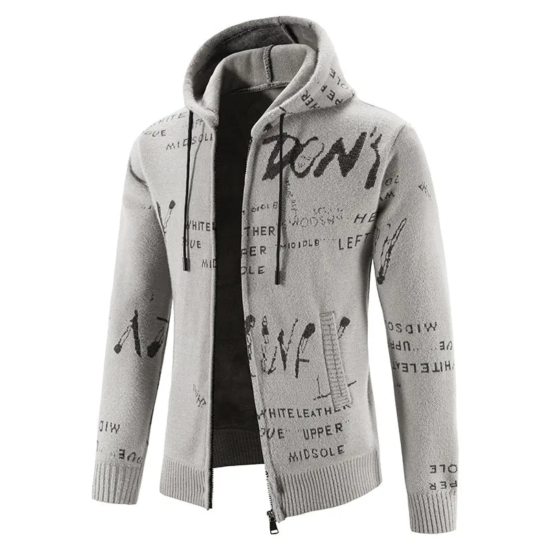 Herren Strick-Kapuzenjacke mit durchgehendem Reißverschluss, grafischem Allover-Print und Eingrifftaschen Drune