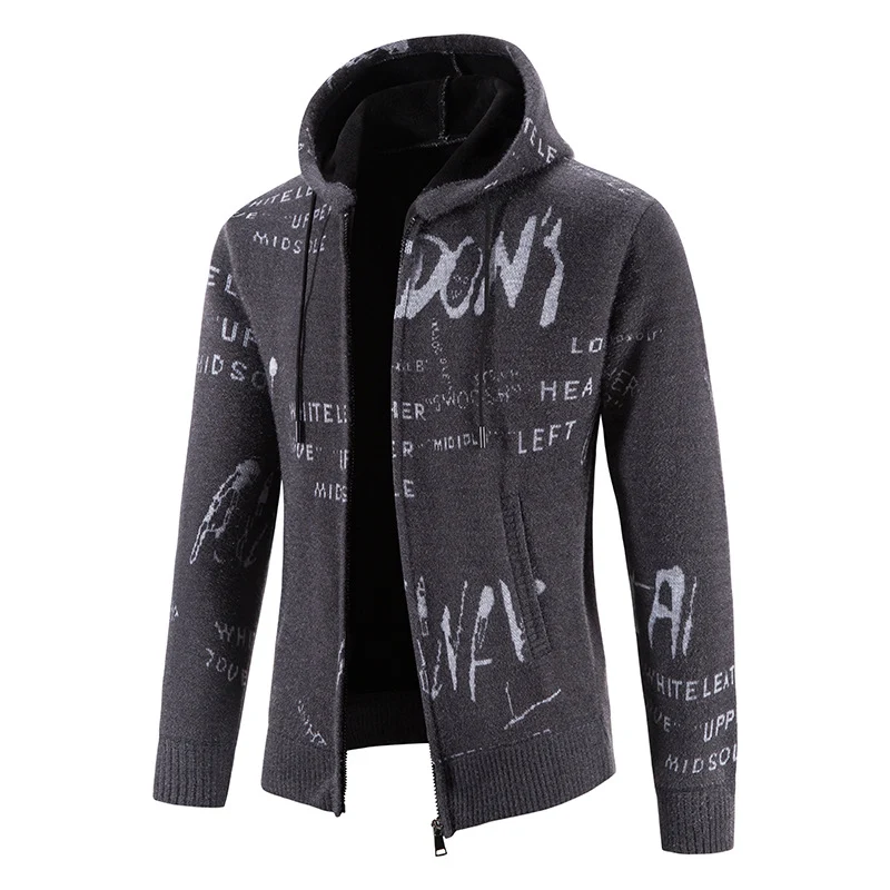 Herren Strick-Kapuzenjacke mit durchgehendem Reißverschluss, grafischem Allover-Print und Eingrifftaschen Drune